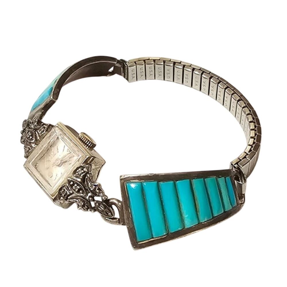 Vintage Zuni Channel Inlay Turquoise Sterling Silver Watch Tips with Helbros